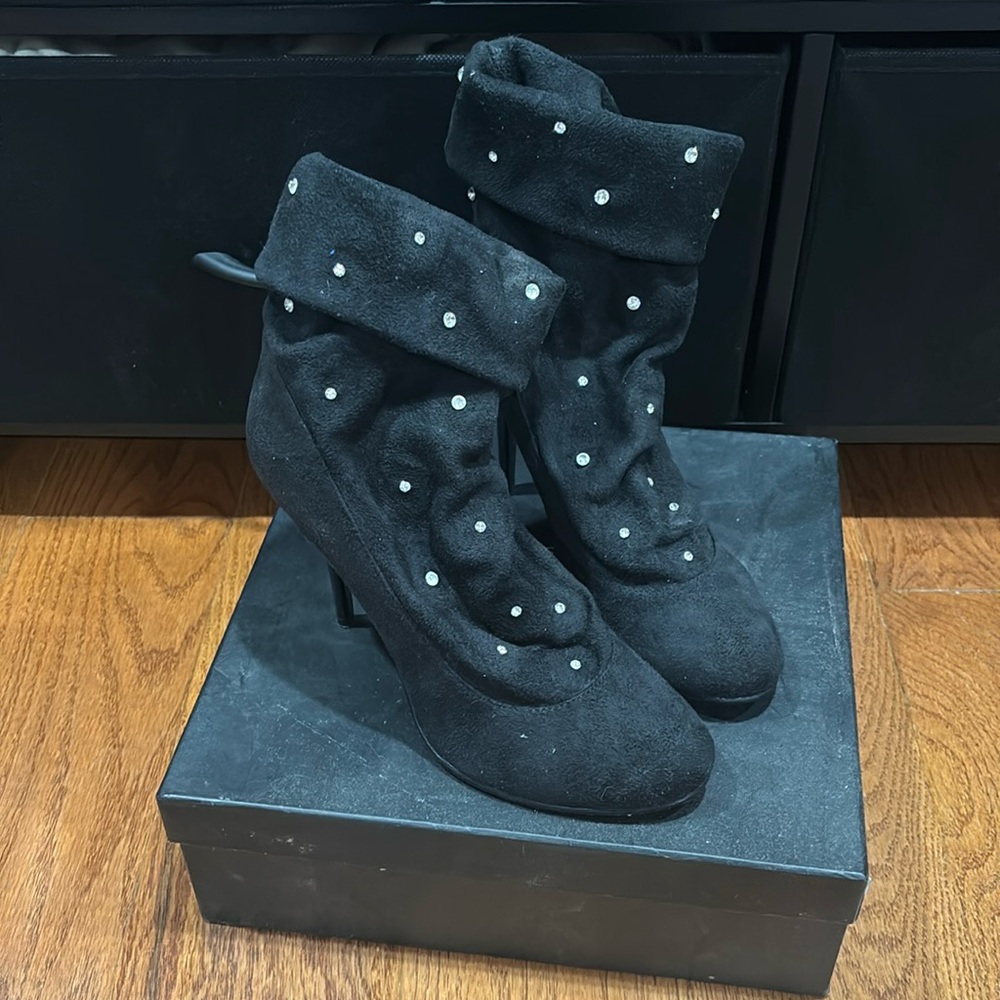 High heeled suede sparkle boots fold over cuff